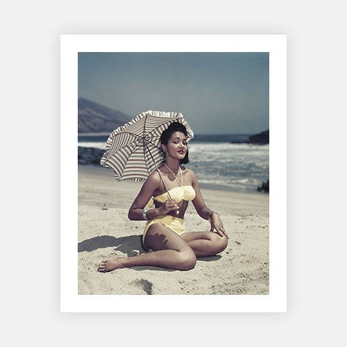 Woman on Beach Holding Umbrella-Mid-Century Colour-Fine art print from FINEPRINT co