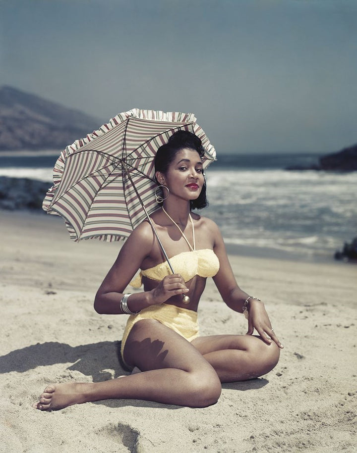 Woman on Beach Holding Umbrella-Mid-Century Colour-Fine art print from FINEPRINT co