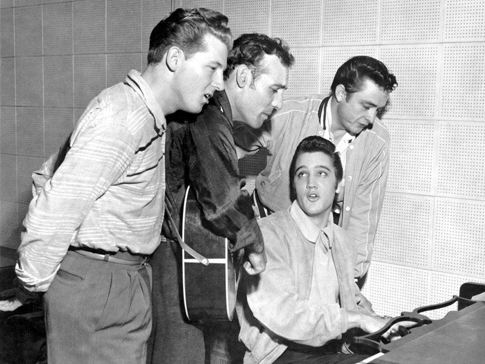 Rock and roll musicians Jerry Lee Lewis, Carl Perkins, Elvis Presley and Johnny Cash as "The Million Dollar Quartet"-Michael Ochs Archive-Fine art print from FINEPRINT co