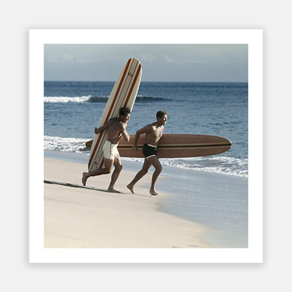 Young men running on beach with surfboard-Open Edition Prints-Fine art print from FINEPRINT co